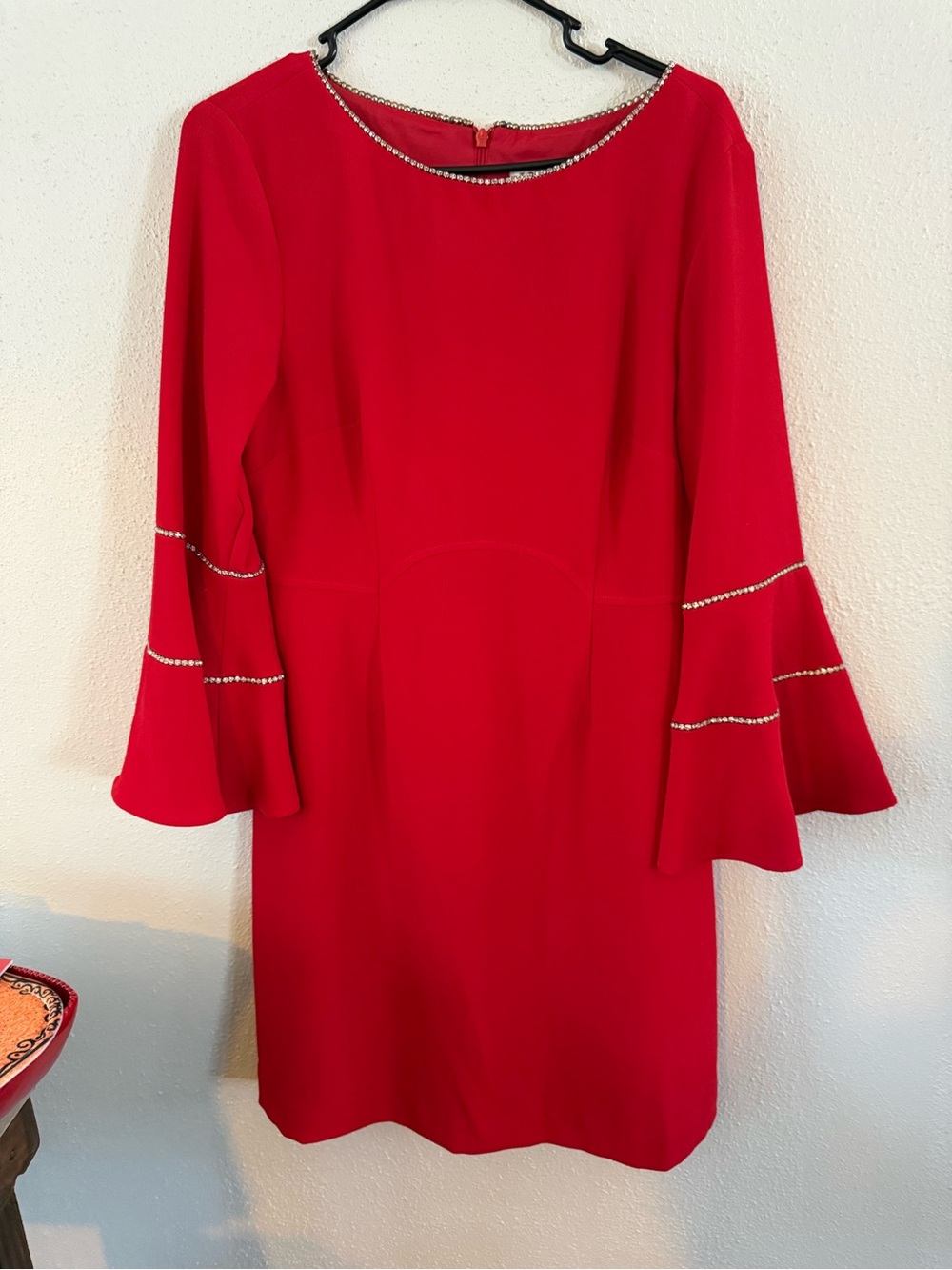 (10) Trina Turk Red Bell-Sleeve Cocktail Dress with Rhinestone Trim